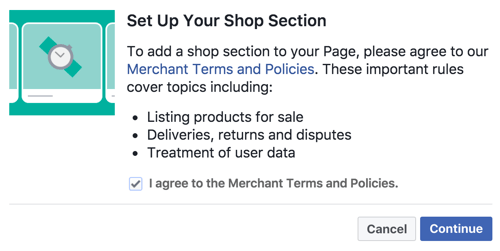 Godta handelsvilkårene og retningslinjene for å konfigurere Facebook Shop-delen.