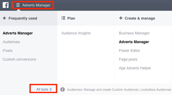 Naviger til målgruppens dashbord i Facebook Ads Manager.