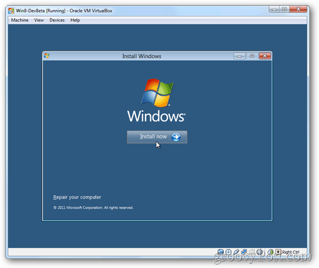 VirtualBox Windows 8 installer nå-boksen