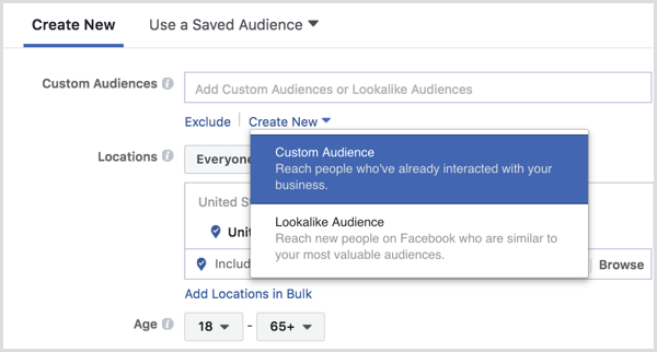 Facebook Ads Manager oppretter tilpasset målgruppe under annonseoppsett