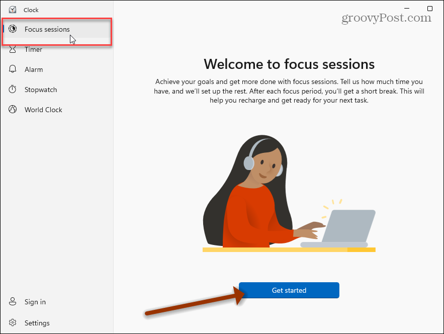 Klokke -app Focus Sessions Windows 11