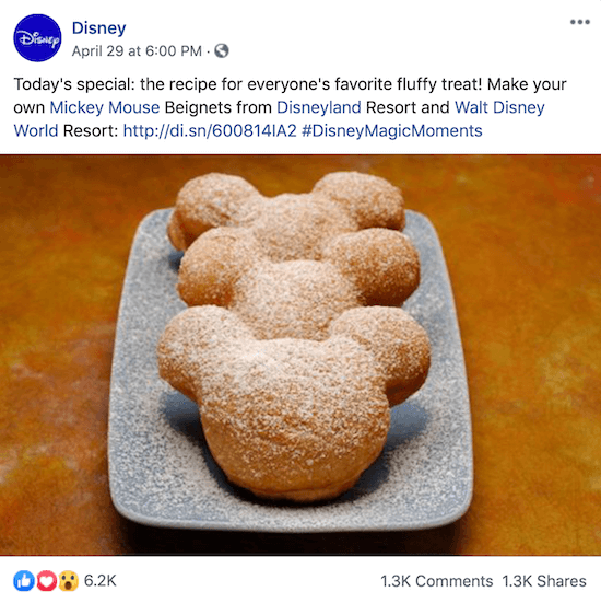 Disney Facebook-innlegg med lenke til oppskrift på Mickey Mouse beignets