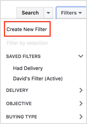 facebook ads manager oppretter nytt filter
