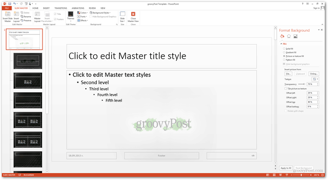 Office 2013 mal Opprette Lag tilpasset design POTX Tilpass lysbildefrembilder Opplæring Hvordan forskjellige bakgrunner