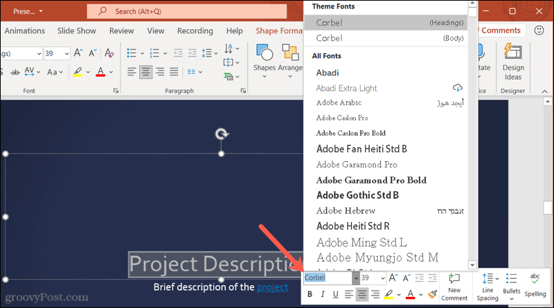 Skrifter på verktøylinjen i PowerPoint på Windows