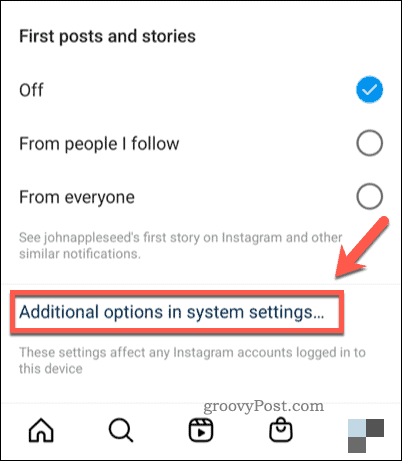 Åpne systeminnstillinger for varsler i Instagram