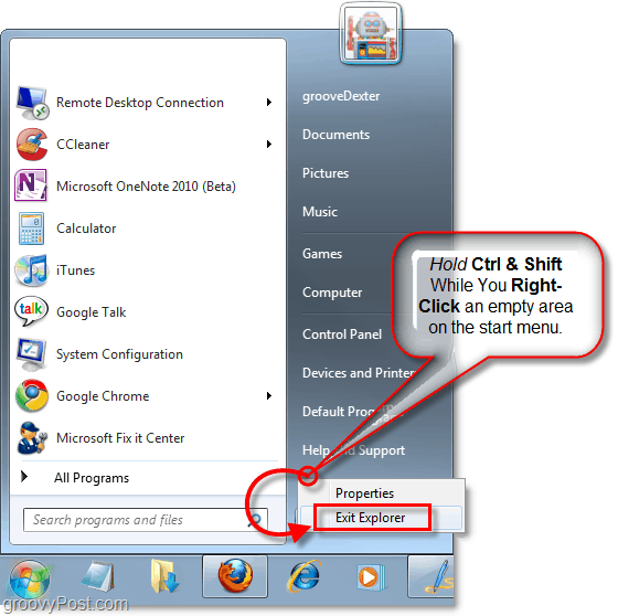 hold nede tastene og høyreklikk på startmenyen for å avslutte Explorer i Windows 7