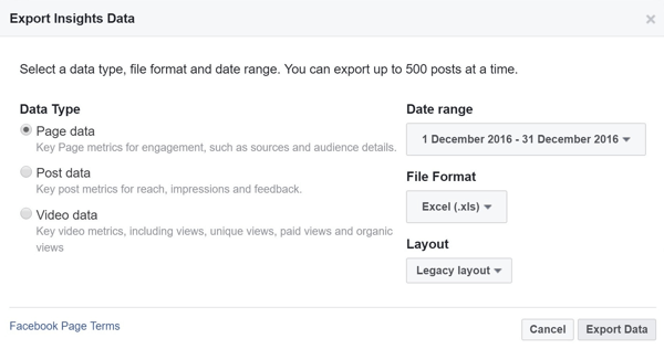 Velg datatype, rekkevidde, filformat og layout for dine Facebook Insights-data.