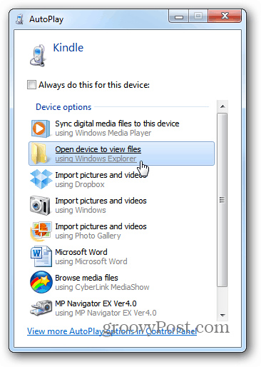 Åpne enhet for å vise filer AutoPlay