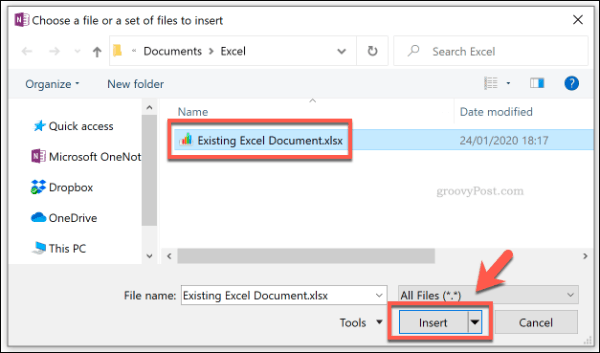 Legge til en Excel-fil som filvedlegg i OneNote