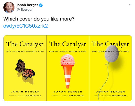 Jonah Berger tvitrer med bilder av tre mulige bokomslag