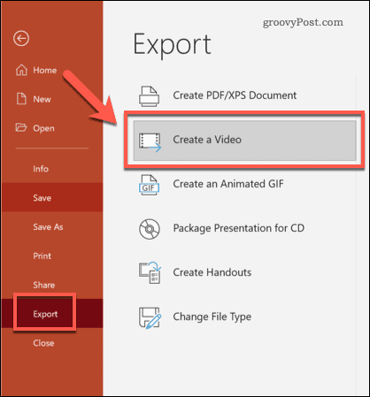 Eksporterer PowerPoint til video på Windows