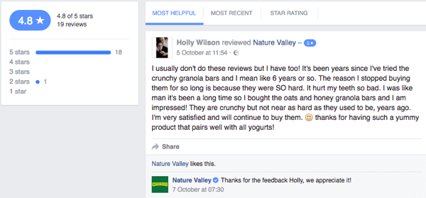 En Nature Valley-kunde legger igjen en kundeanmeldelse på selskapets Facebook-side.