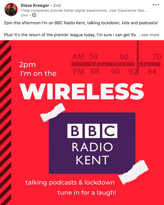 eksempel på en linkedin-video fra Steve Kreeger som kunngjør et podcast-utseende på BBC Radio Kent