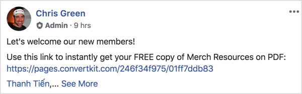Dette Facebook-gruppeposten ønsker de nye medlemmene velkommen og minner dem om å laste ned en gratis PDF.