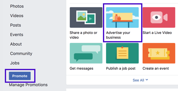 Du kan sette opp en Facebook-bedriftspromotering fra venstre sidefelt eller fra sidepostalternativene.