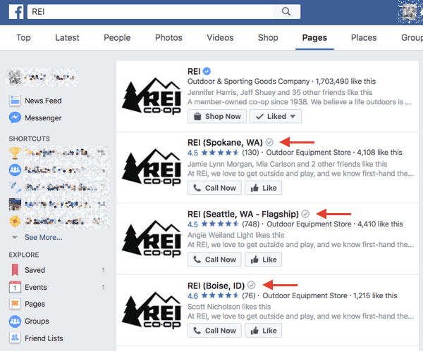 Verifiserte lokale bedrifter på Facebook får et grått bekreftelsesmerke ved siden av navnet i søkeresultatene og på siden deres.