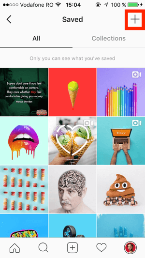 Trykk på + -tegnet øverst til høyre på Instagram-lagret skjerm.