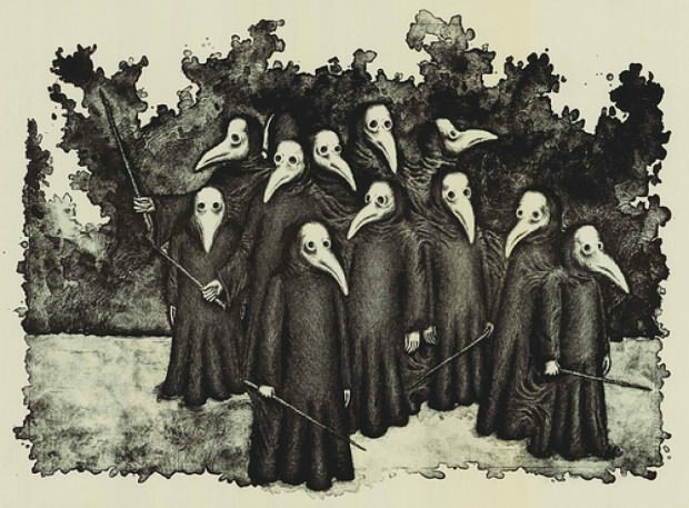 Illustrert metode for beskyttelse mot pesten, som ble utbredt i middelalderen, forhindret mennesker spredning av bakterier med disse maskene