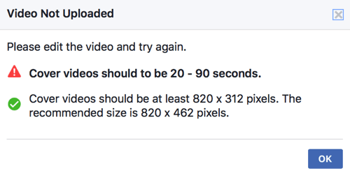 Hvis forsidevideoen din ikke allerede oppfyller Facebooks tekniske standarder, vil du ikke kunne laste den opp direkte som forsidevideoen til siden din.