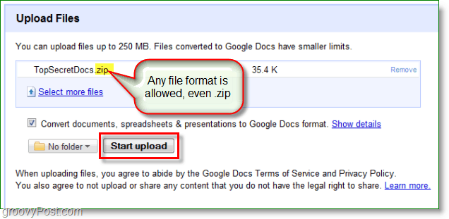 Google Docs-skjermbilde - lastet opp en zip