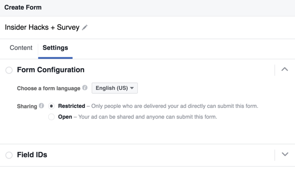 Du kan velge et språk for Facebook-skjemaet ditt.