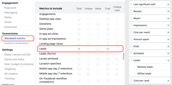 Eksempel på en Facebook Ads Manager tilpasset rapport for Lead Event Actions og tilpassede konverteringer.