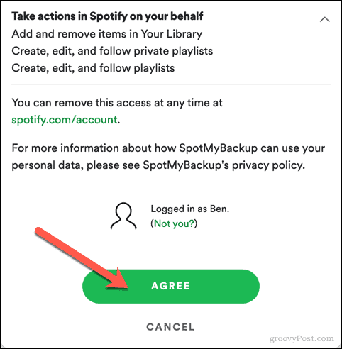 Godkjenning av SpotMyBackup-tilgang til Spotify