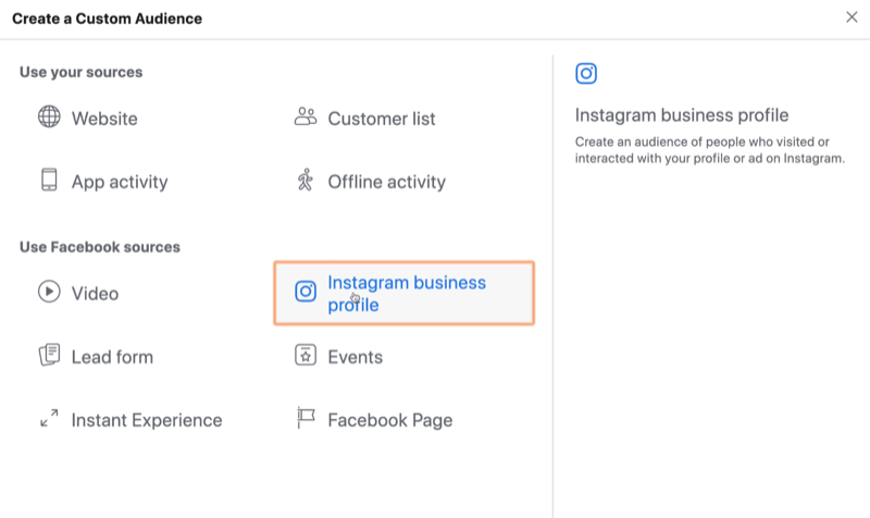 velg Instagram Business som kilde for Facebook-tilpasset publikum