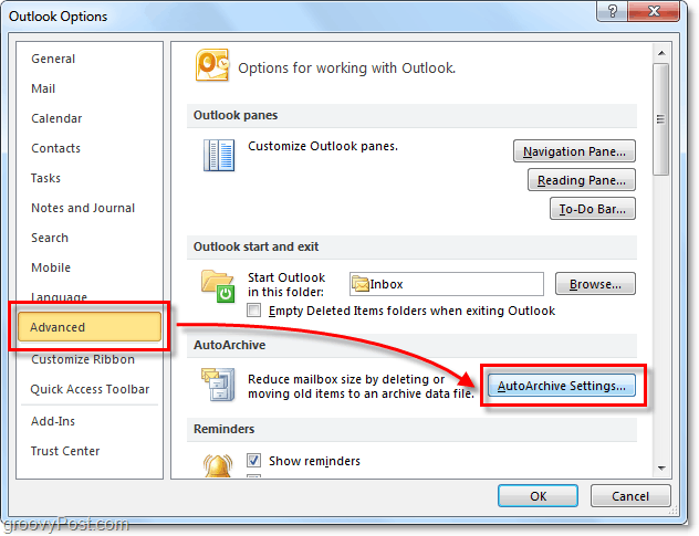 Avansert> Autoarchive innstillinger i Outlook 2010
