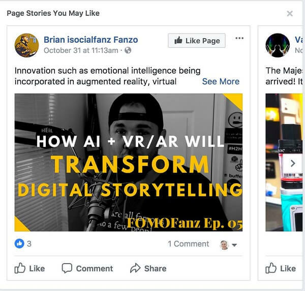 Facebook anbefaler "Sidehistorier du kan like" mellom innleggene i nyhetsfeeden din.