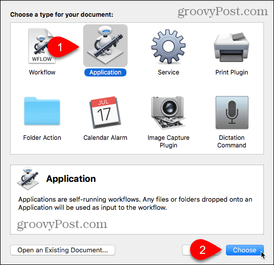 Velg applikasjonstype i Automator for Mac