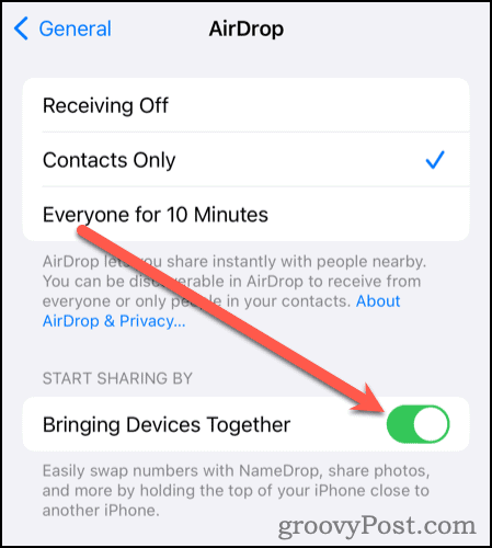Slå av Bringing Devices Together for å deaktivere NameDrop