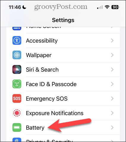Trykk på Batteri på skjermen for iPhone-innstillinger