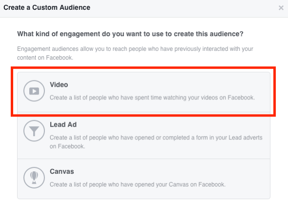 Velg Video for ditt Facebook-tilpassede videopublikum.