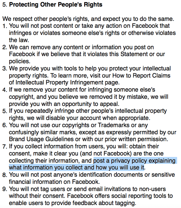 Facebook-vilkår som beskriver krav til personvern.