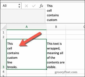 Innpakning av tekst i Excel ved hjelp av linjeskift.