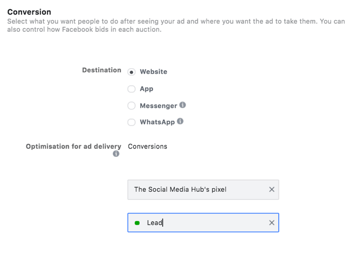 muligheten til å velge en ledende hendelse for optimaliseringen av konverteringsmål i facebook ads manager