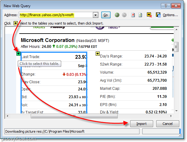 Velg datatabeller for nettbruk i Excel 2010
