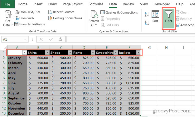 Aktiver filtre i Excel