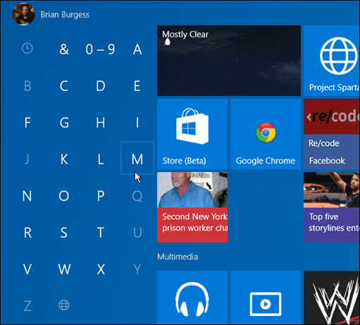 apper med første bokstav Windows 10 Start