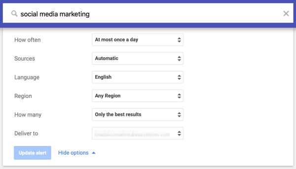 Innstillinger for frekvens, kilder, språk, region, volum og leveringsmetode for Google-varselet ditt.