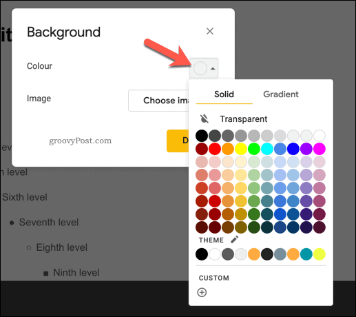 Legge til en bakgrunnsfarge til et hovedlysbilde i Google Slides
