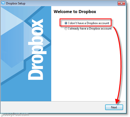 Dropbox-skjermdump - velg å opprette en ny konto