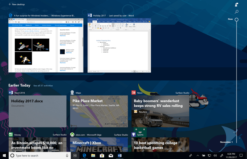Windows 10 tidslinje helt