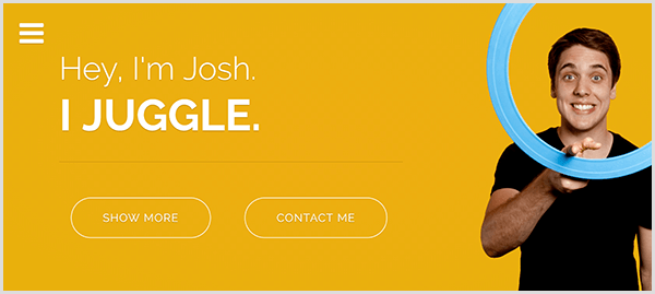 Josh Hortons nettsted for sjonglering har en gul bakgrunn, et bilde av Josh som smiler og snurrer en lyseblå sjongleringsring rundt pekefingeren, og hvit tekst som sier Hei jeg er Josh. Jeg sjonglerer.