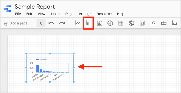 Klikk på ikonet for elementet du vil lage, og tegn en rute i rapporten.