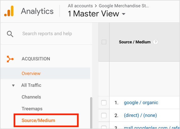 Åpne Google Analytics og gå til Anskaffelse> All trafikk> Kilde / medium.