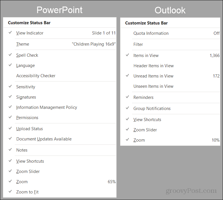Alternativer for PowerPoint og Outlook-statuslinje