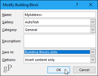 Endre dialogboksen Building Block